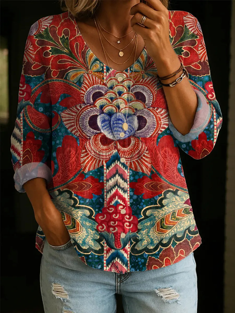 Women's Vintage Floral Pattern Art Print Casual Cotton Linen Shirt