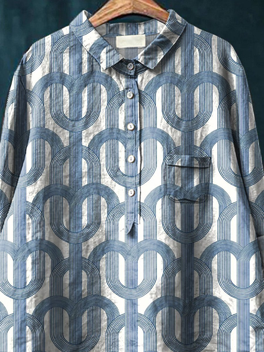 Contemporary Geometric Repeat Pattern Printed Women's Casual Cotton And Linen Shirt