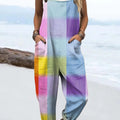 Women's Colorful Art Plaid Print Casual 100% Cotton Wide Leg Jumpsuit