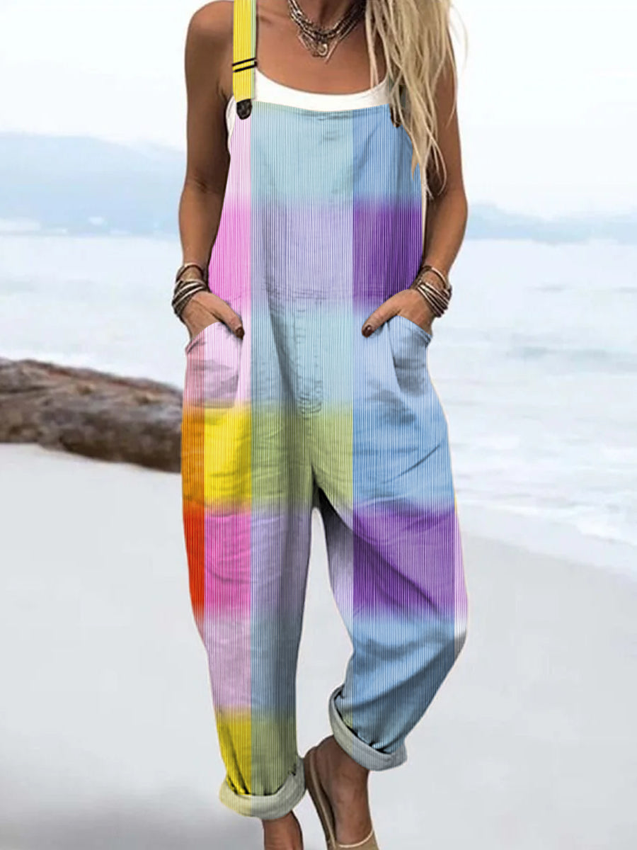 Women's Colorful Art Plaid Print Casual 100% Cotton Wide Leg Jumpsuit