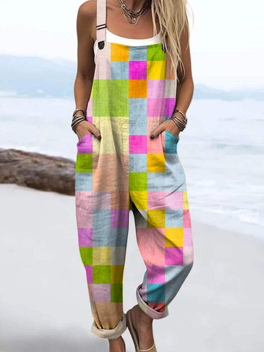 Women's Geometric Pattern Art Print Casual 100% Cotton Wide Leg Jumpsuit