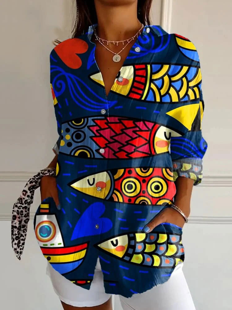 Women's Fish Art Print Casual Cotton Shirt