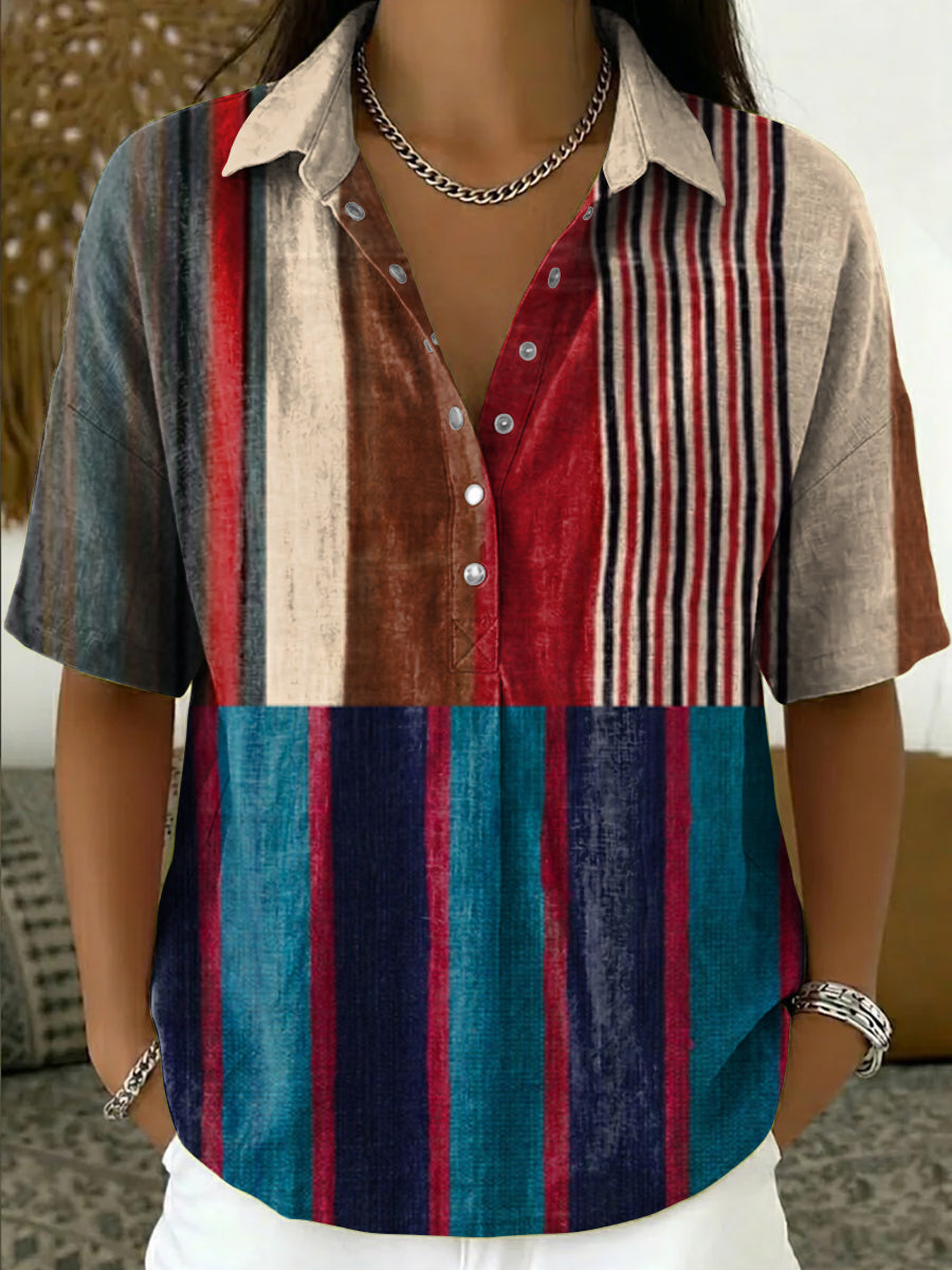Women's Retro Color-block Striped Cotton-linen Short-sleeve Shirt