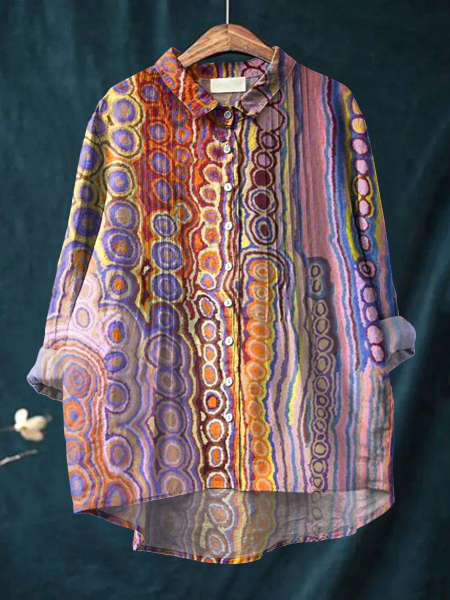 Women's Vintage Pattern Art Print Casual Cotton And Linen Ruffle Shirt