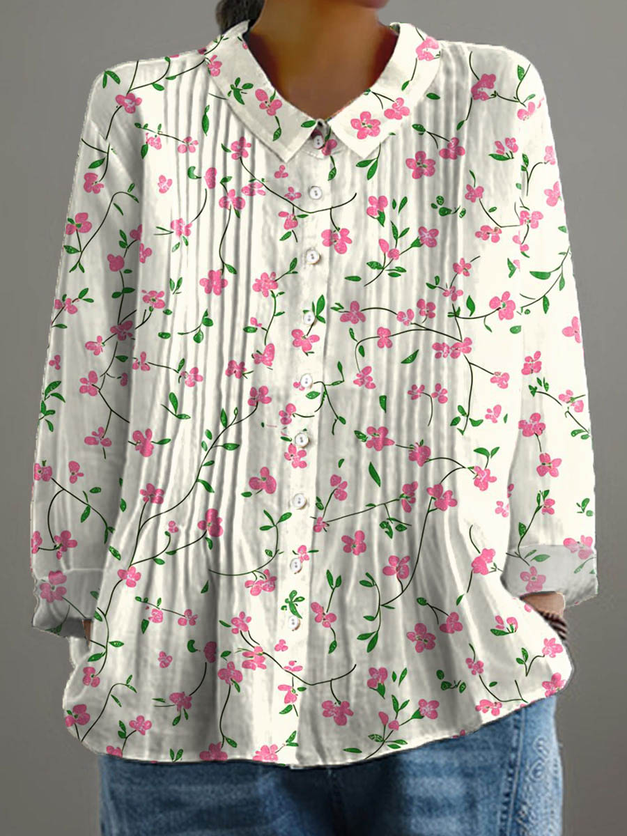 Women's Floral Art Print Casual Cotton And Linen Ruffle Shirt