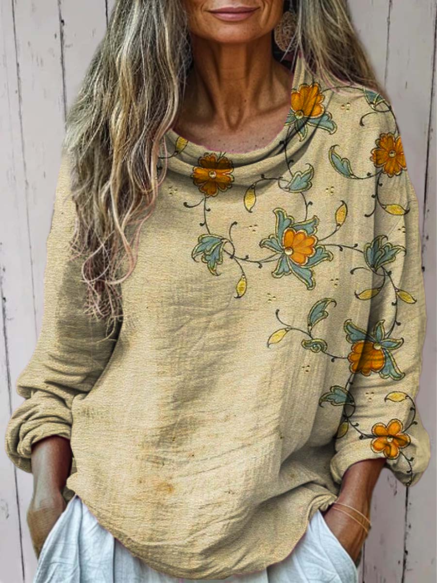 Women's Vintage Floral Art Print Casual Long Sleeve Comfortable Cotton Shirt