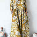 Women's Vintage Ethnic Floral Art Print Linen Pocket Tunic Dress
