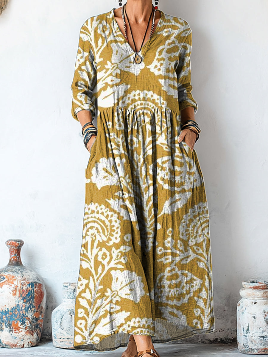 Women's Vintage Ethnic Floral Art Print Linen Pocket Tunic Dress