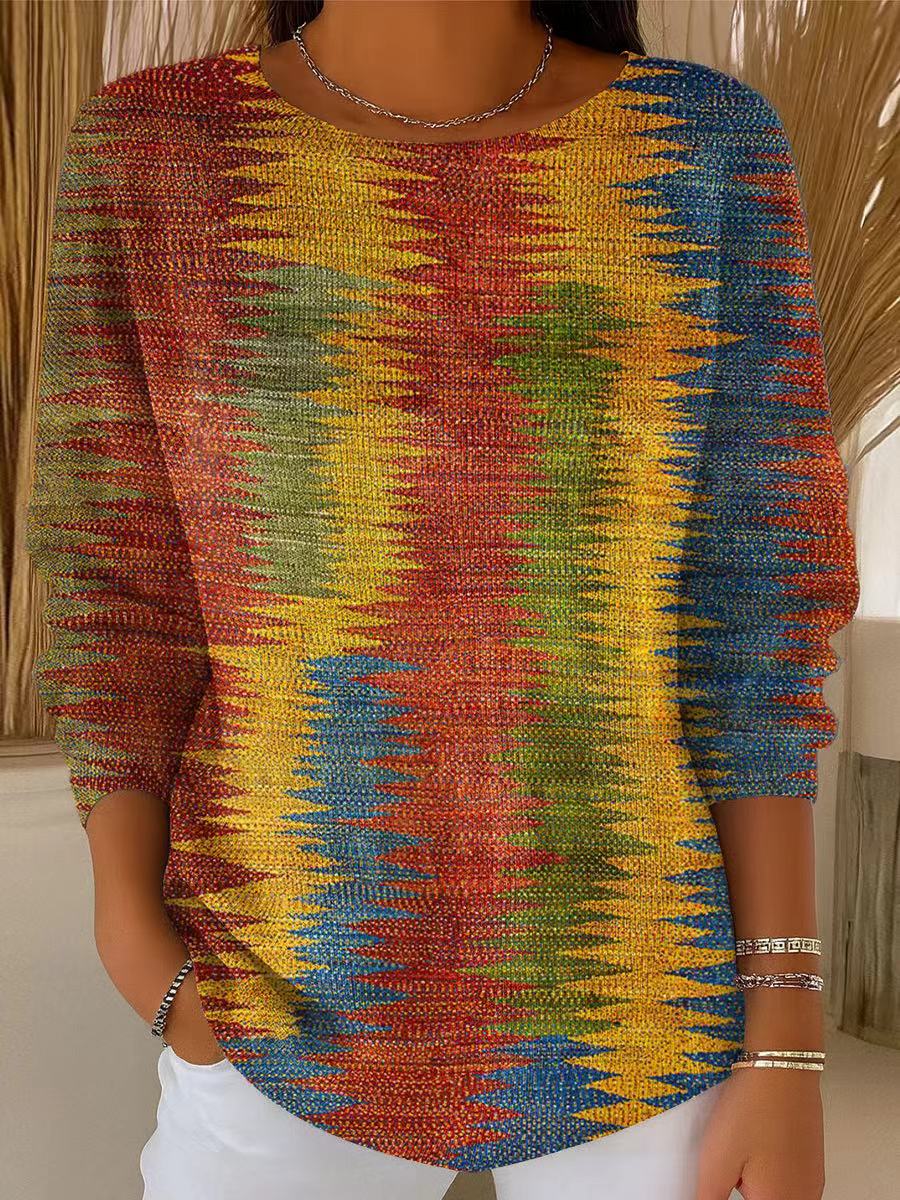 Women's Vintage Colorful Stripe Painting Art Print Casual Pullover Sweater