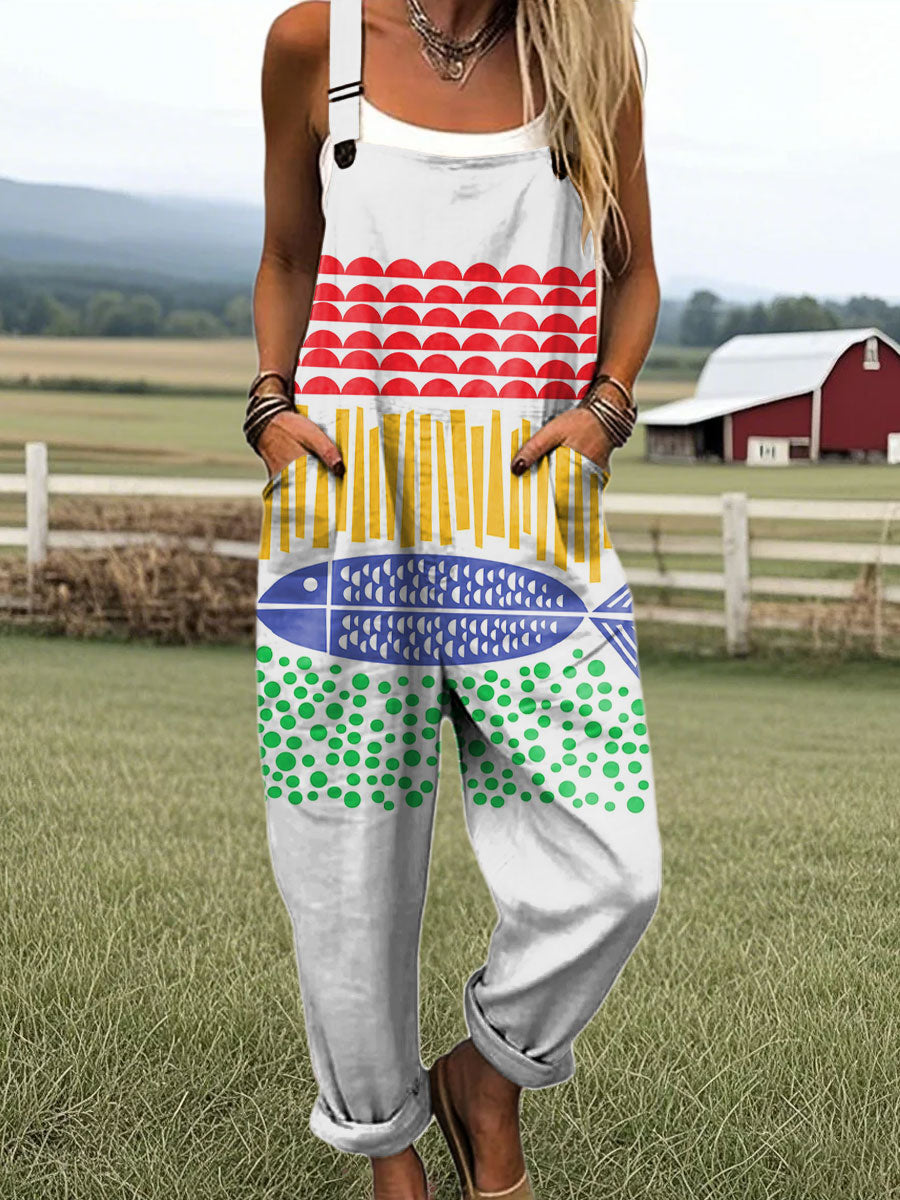 Women's Abstract Geometric Fish Art Pattern Print Casual 100% Cotton Jumpsuit