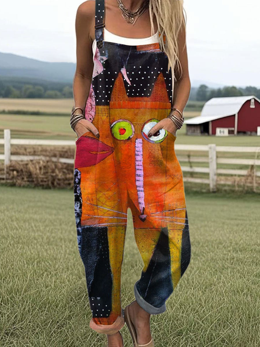 Women's Vintage  Abstract Animals Art Print Casual 100% Cotton Wide Leg Jumpsuit