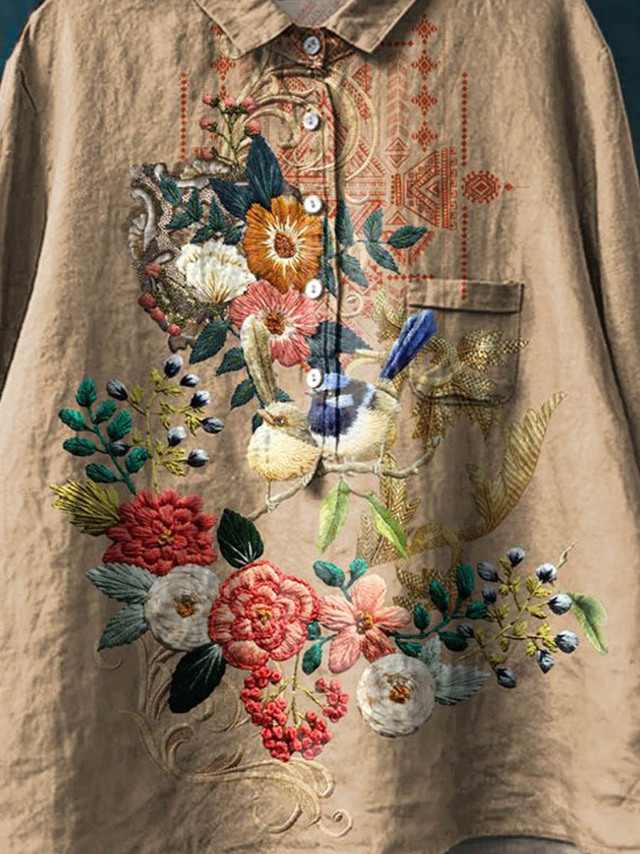 Women's Vintage Ethnic Floral Art Print Casual Cotton And Linen Shirt