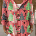 Women's Beautiful And Colorful Winter Christmas Tree Painting Art Print Casual Hooded Button Sweater