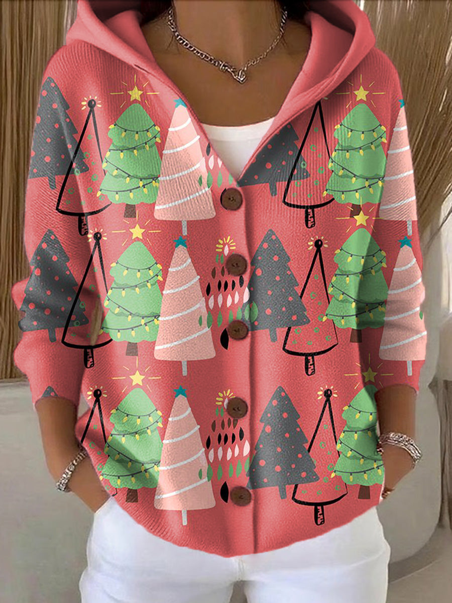 Women's Beautiful And Colorful Winter Christmas Tree Painting Art Print Casual Hooded Button Sweater