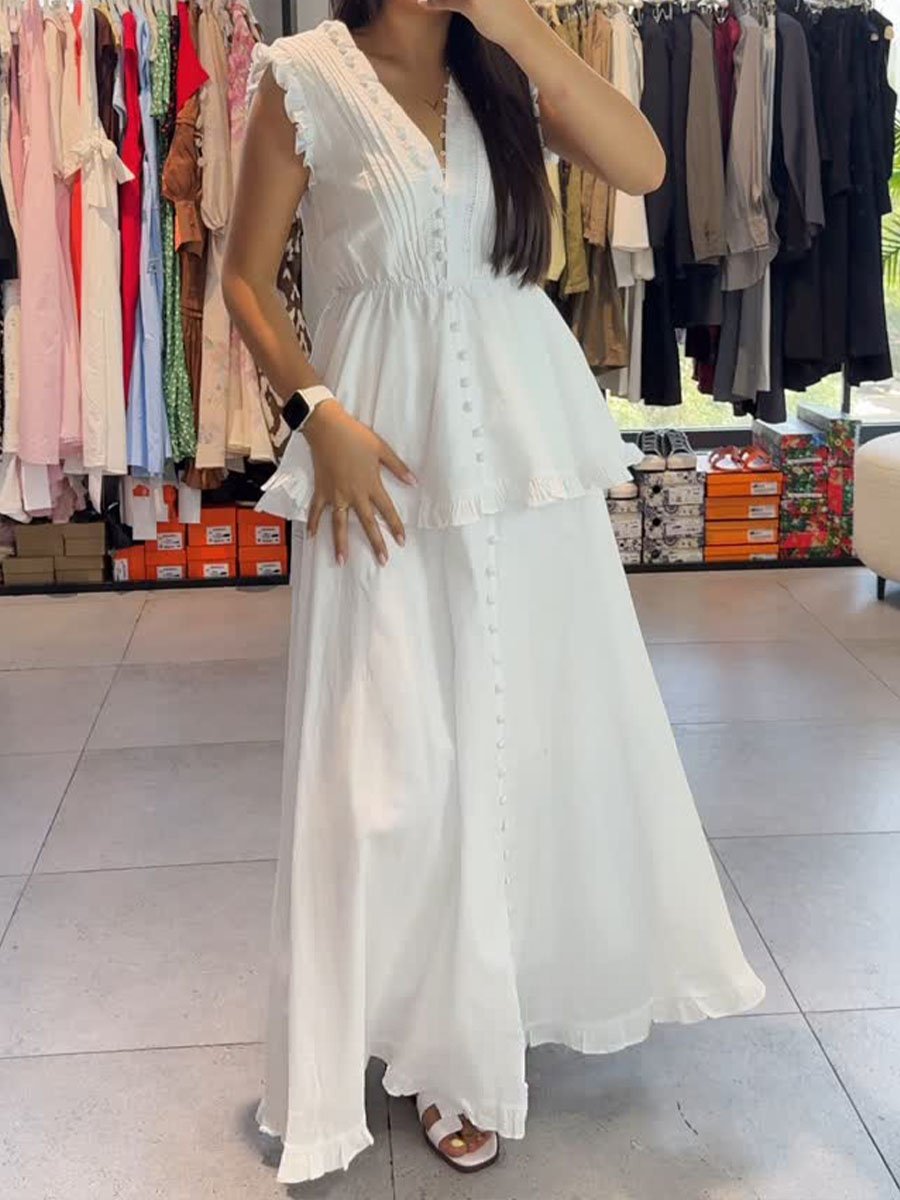 Women's Solid Color V-Neck Sleeveless Casual Cotton and Linen Top Elastic Waist A-Line Cotton and Linen Skirt Set