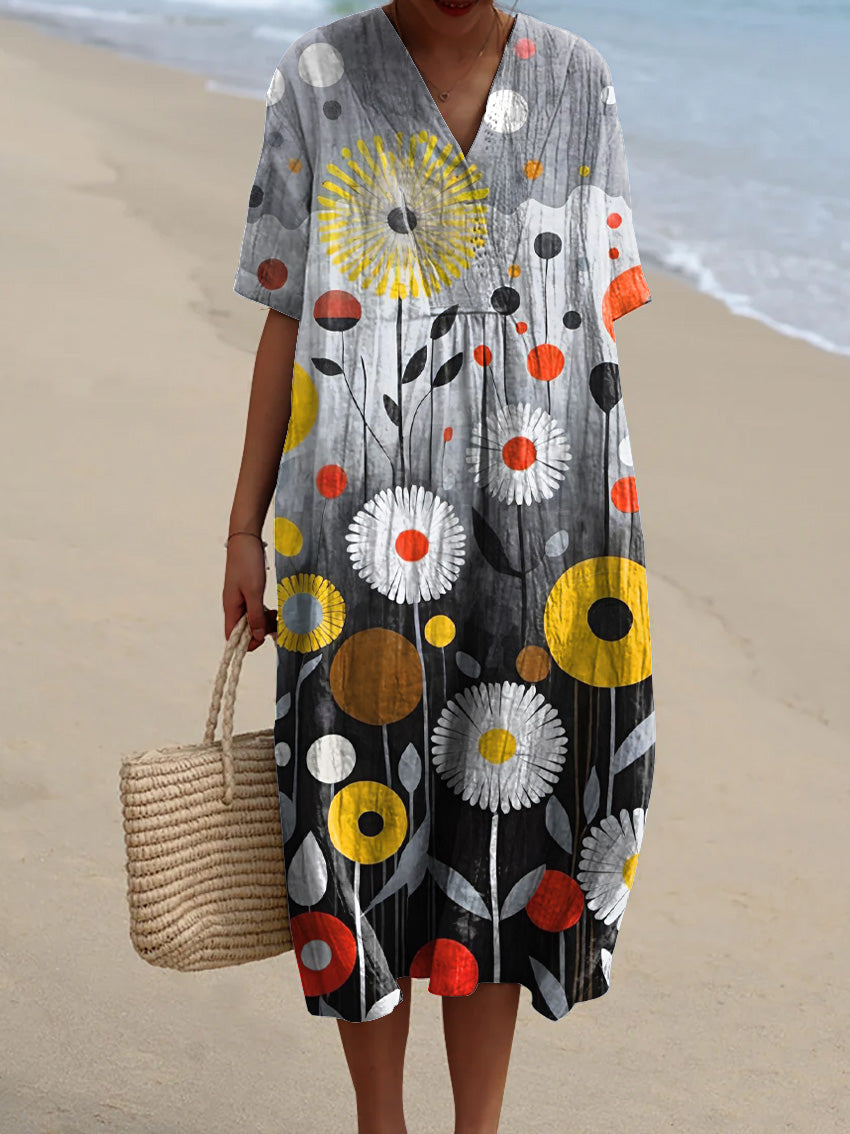 Oil Painting Summer Wild Floral Art Pattern Printed Women's Flowy Dress