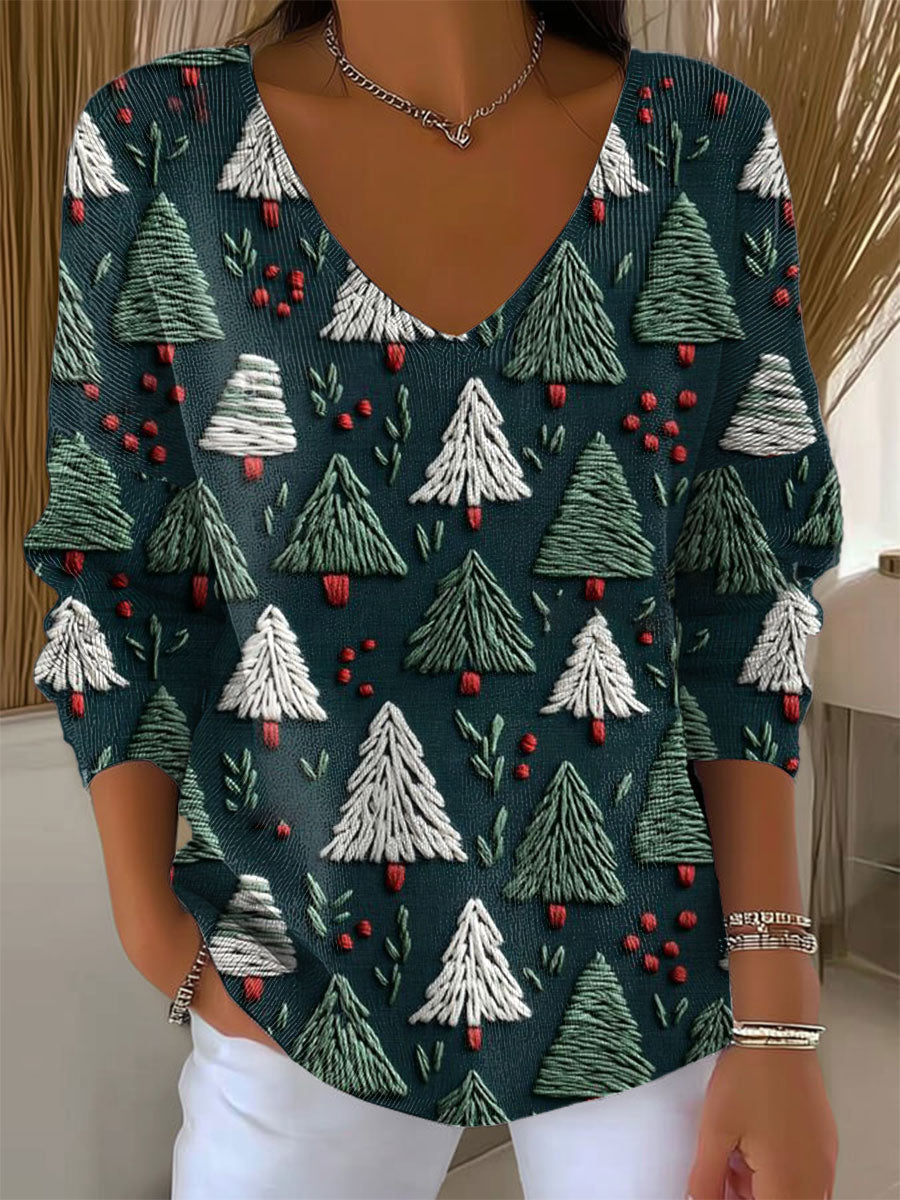 Women's Vintage Christmas Tree Art Print Casual Pullover Sweater