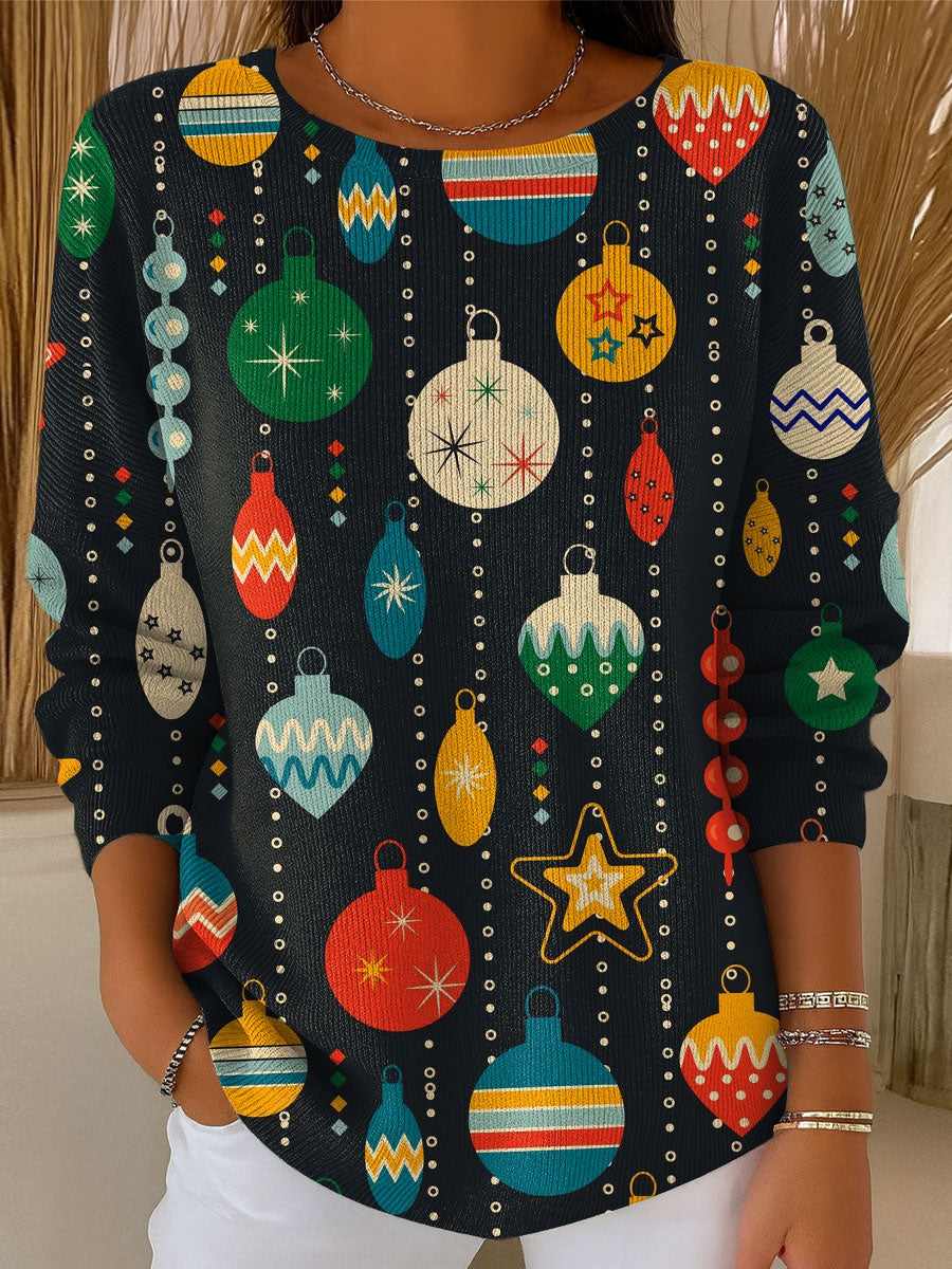 Women's Vintage Christmas Lights Pattern Art Print Casual Pullover Sweater