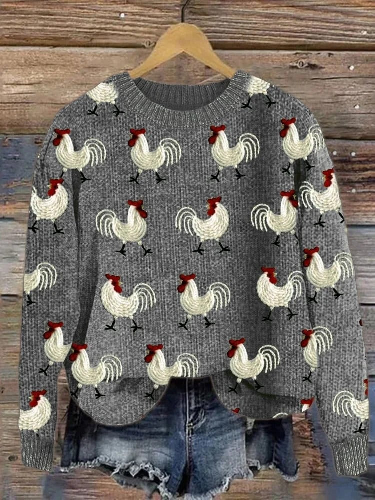 vintage-funny-chicken-art-print-knit-pullover-sweater