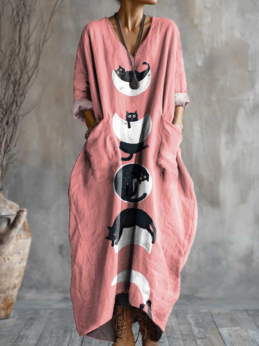 Women's Lovely Cats Art Pattern Print Pocket V-neck Cotton Dress