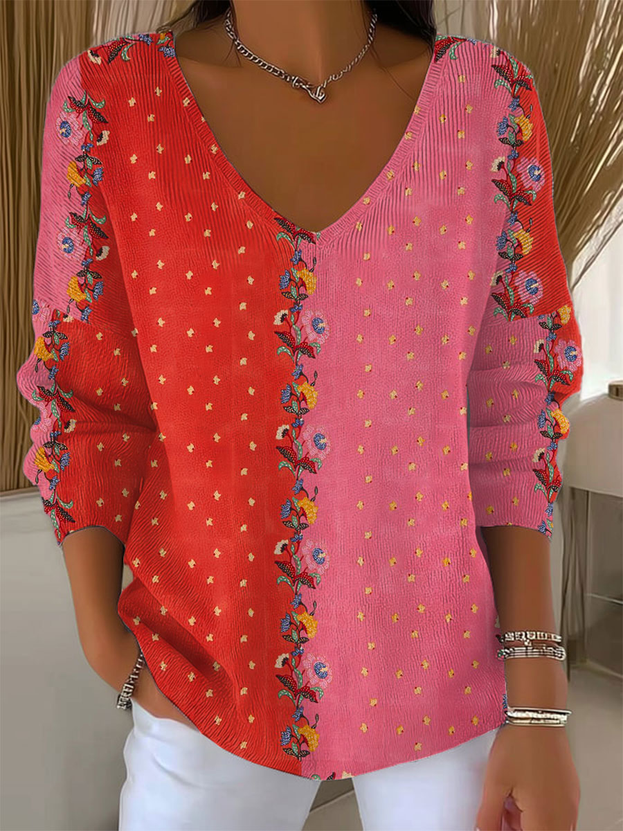 Women's  Vintage Flower Art Print Casual Pullover Sweater