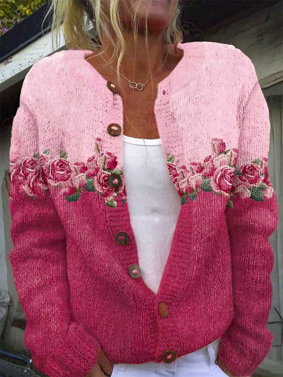 Women's Lovely Floral Art Print Buttoned Cardigan Sweater