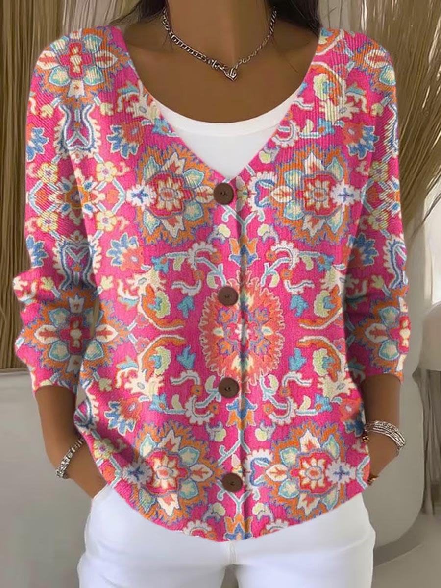 womens-vintage-floral-art-print-buttoned-v-neck-cardigan-sweater-99wg