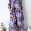 Women's Beautiful Large Flower Painting Art Print Linen Pocket Tunic Dress