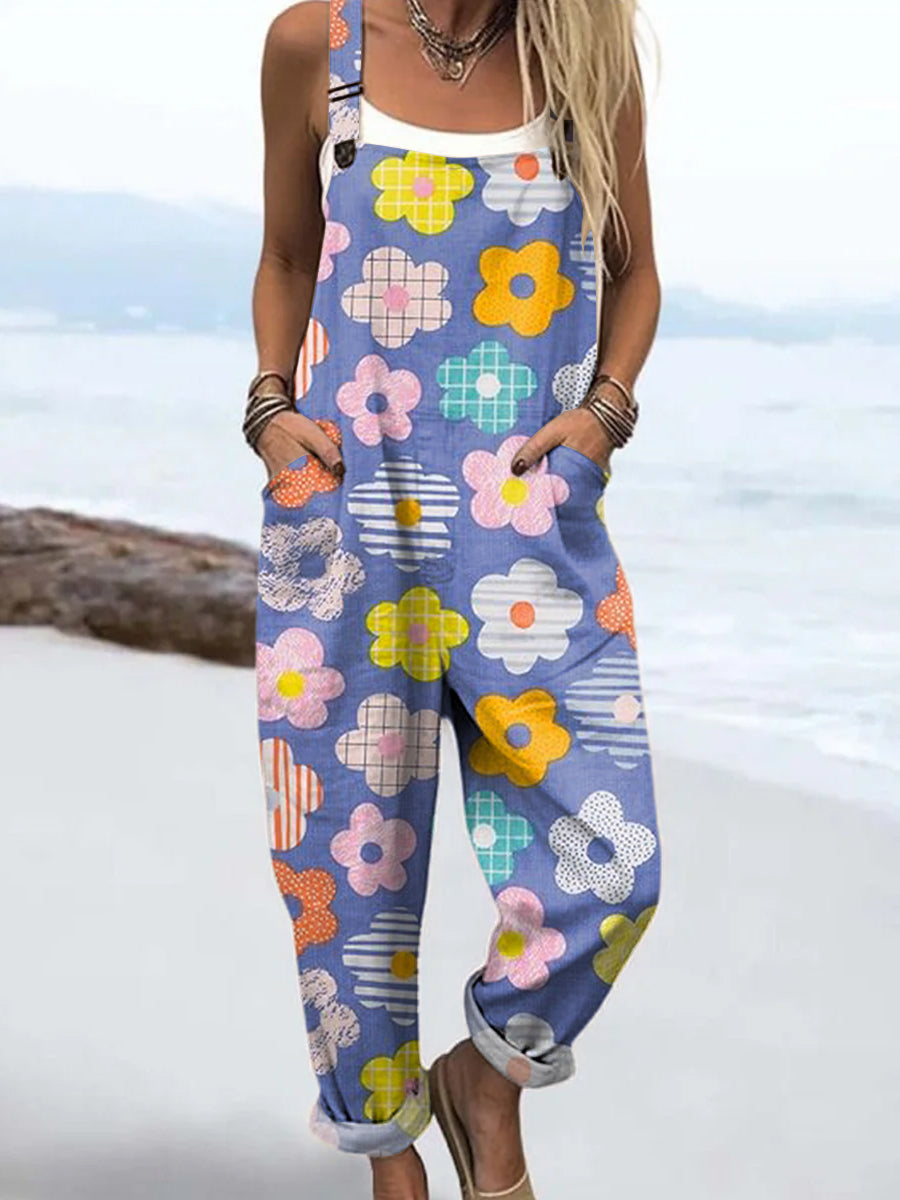 Women's Colourful Art Creative Flowers Print Casual 100% Cotton Wide Leg Jumpsuit