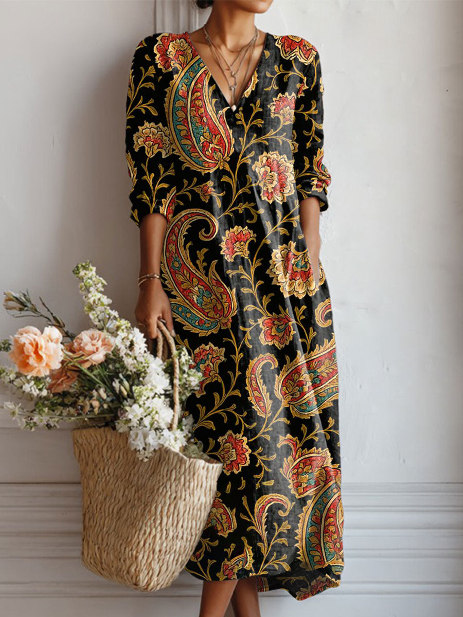 Women's Vintage Flower Art Print Linen Pocket Dress