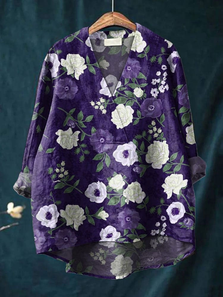 Women's  Flower Art Print Casual Cotton And Linen V-neck Shirt