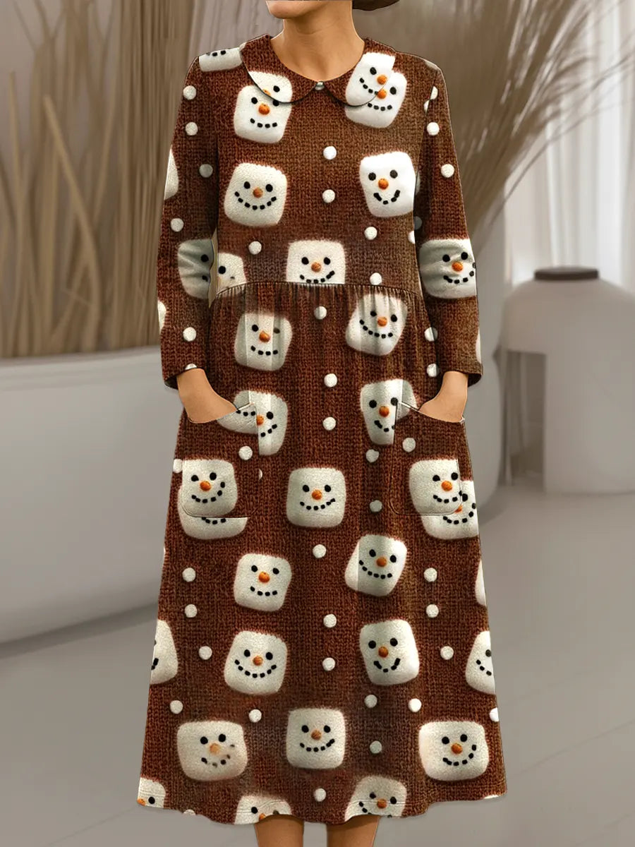 Women's Vintage Christmas Snowman Art Print Cotton Lapel Button-Down Shirt Dress