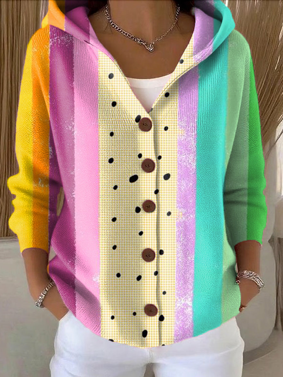 Women's Beautiful Colorful Abstract Stripe Painting Art Print Casual Hooded Button Sweater