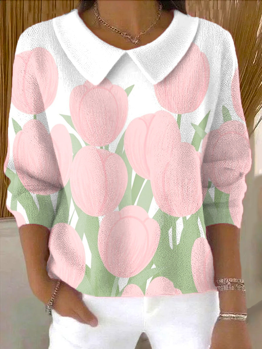 womens-beautiful-tulip-painting-art-print-casual-peter-pan-collar-3-4-sleeve-sweater