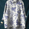 Chemise décontractée en coton et lin pour femme, imprimé floral vintage avec oiseaux 