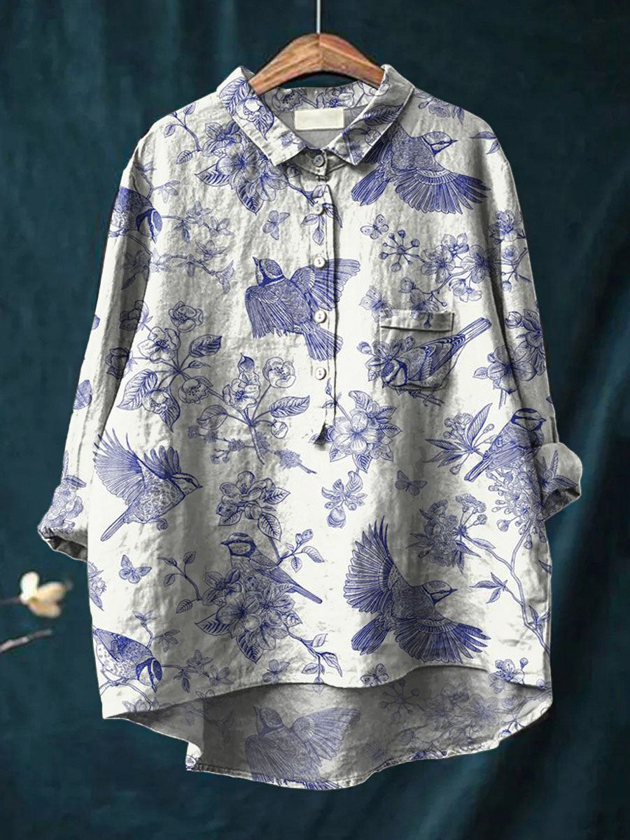 Women's Vintage Floral Birds Art Print Casual Cotton And Linen Shirt