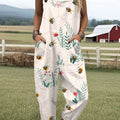 Women's  Funny Bee Art Print Casual 100% Cotton Wide Leg Jumpsuit