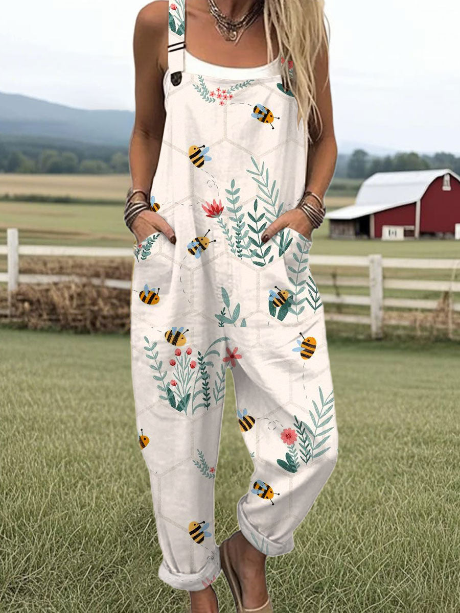 Women's  Funny Bee Art Print Casual 100% Cotton Wide Leg Jumpsuit
