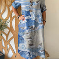Women's Bird Print V-Neck 3/4 Sleeve Casual Cotton and Linen Dress