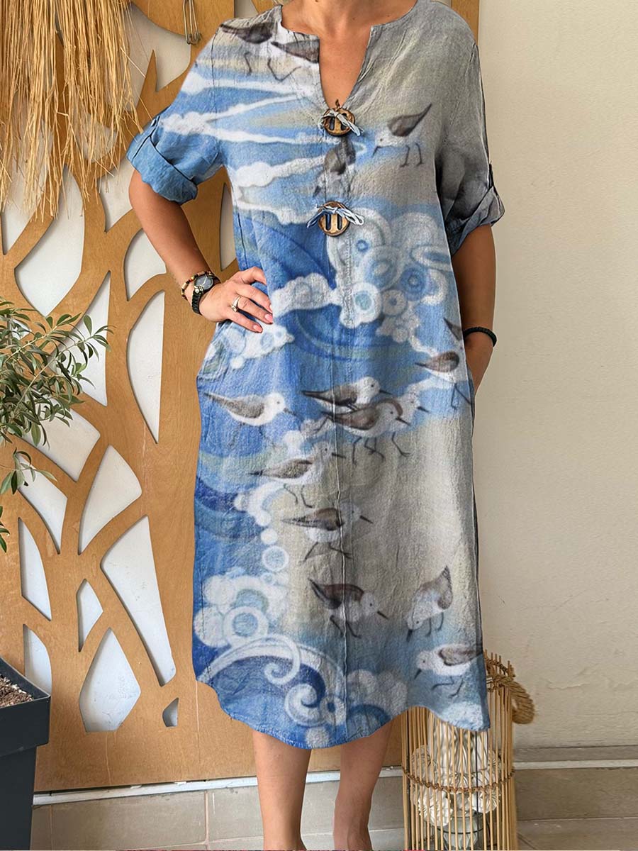 Women's Bird Print V-Neck 3/4 Sleeve Casual Cotton and Linen Dress