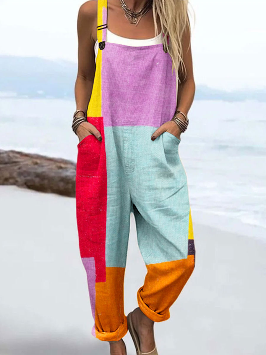 Women's Vintage Abstract Geometric Line Art Print Casual 100% Cotton Wide Leg Jumpsuit