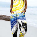 Women's Vintage Abstract Sun Fish Art Print Casual 100% Cotton Wide Leg Jumpsuit