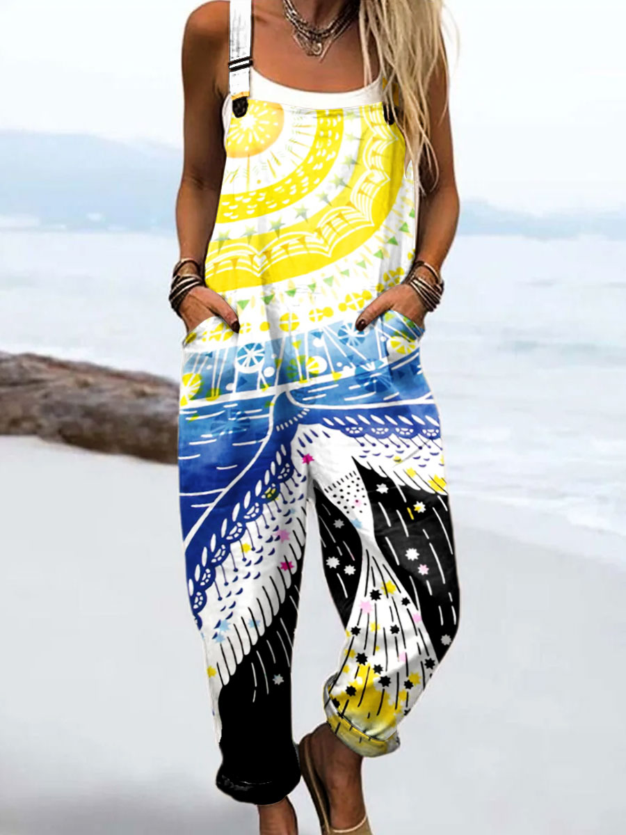 Women's Vintage Abstract Sun Fish Art Print Casual 100% Cotton Wide Leg Jumpsuit