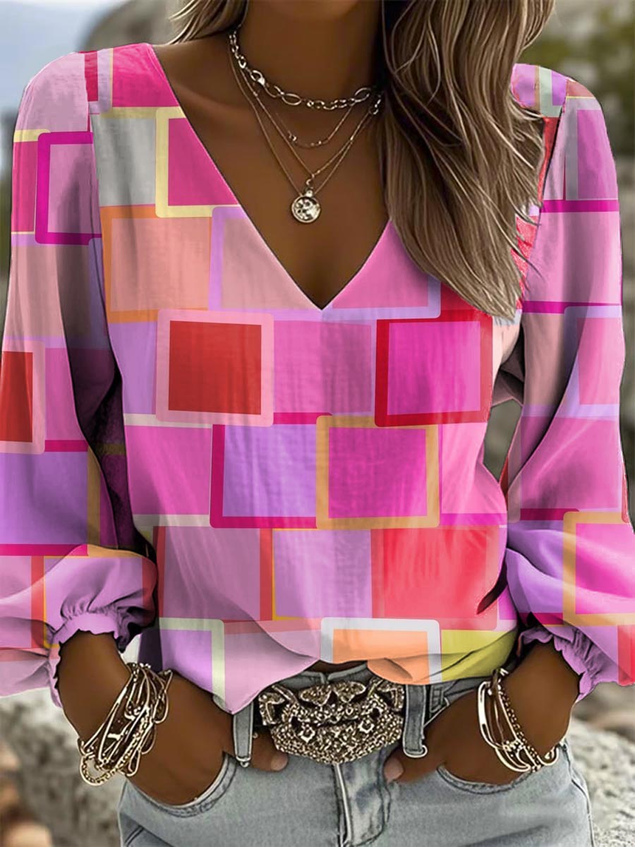 Women's Geometric Art Pattern Print Casual Cotton And Linen Shirt