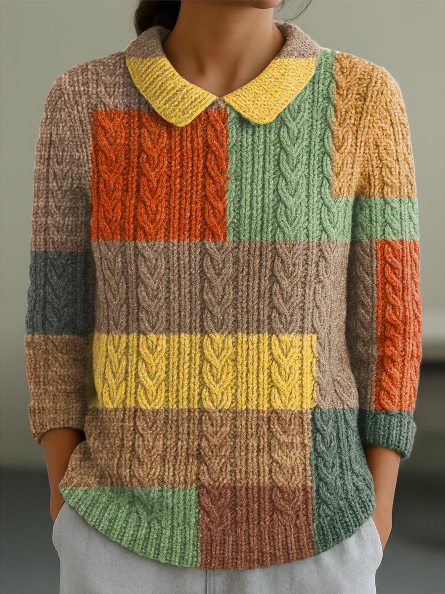 womens-vintage-multicolor-geometric-check-art-print-casual-peter-pan-collar-3-4-sleeve-sweater