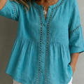 Retro Romantic Openwork Lace Henley Blouse
