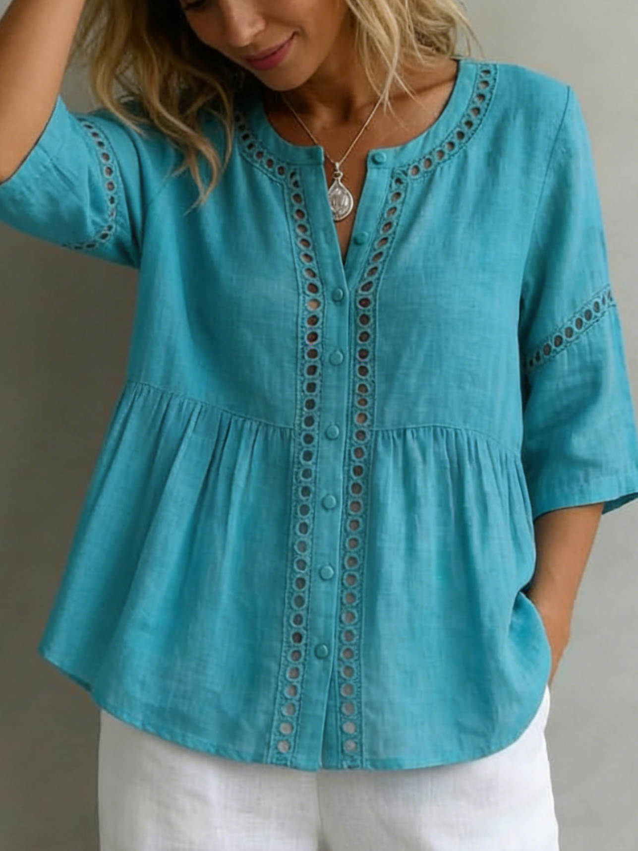 Retro Romantic Openwork Lace Henley Blouse