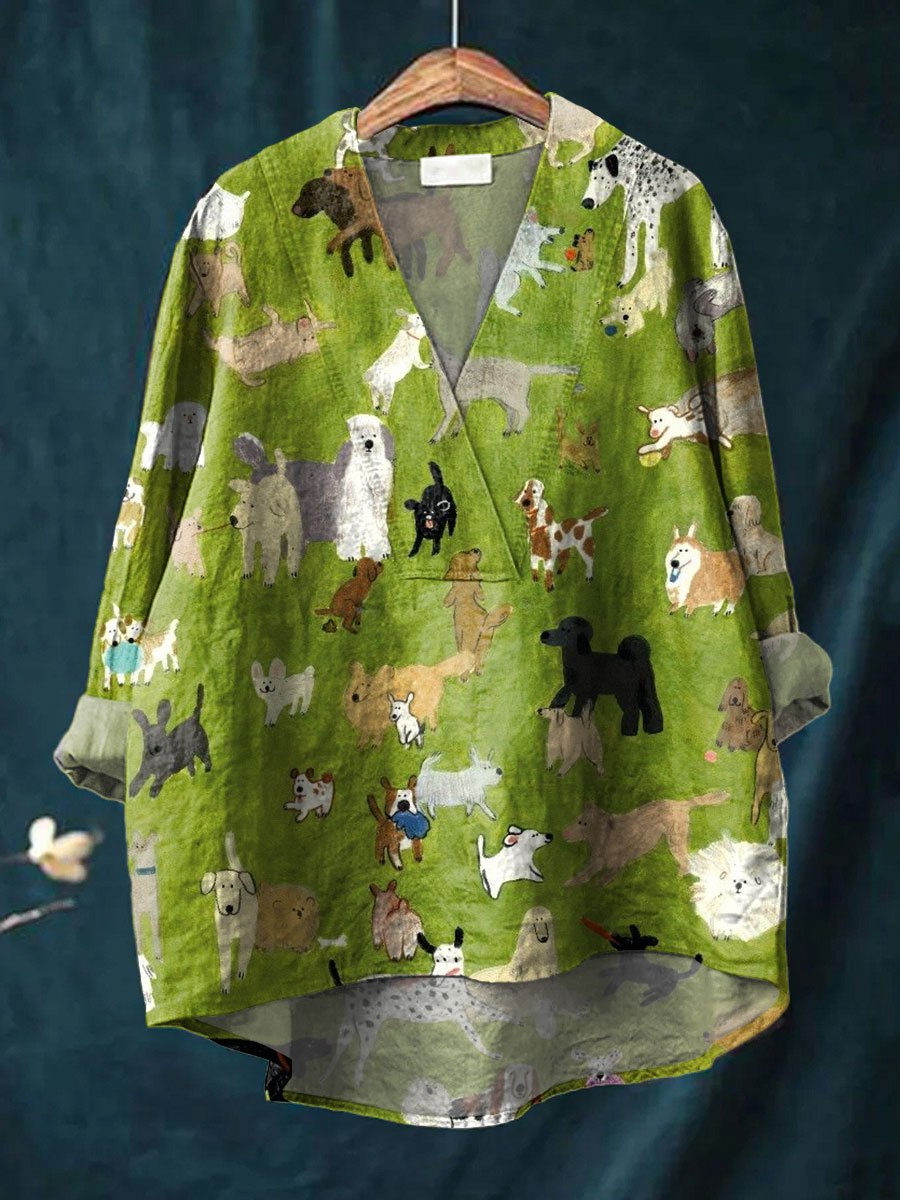 Women's Cute Happy Dog Art Print Casual Cotton And Linen V-neck Shirt