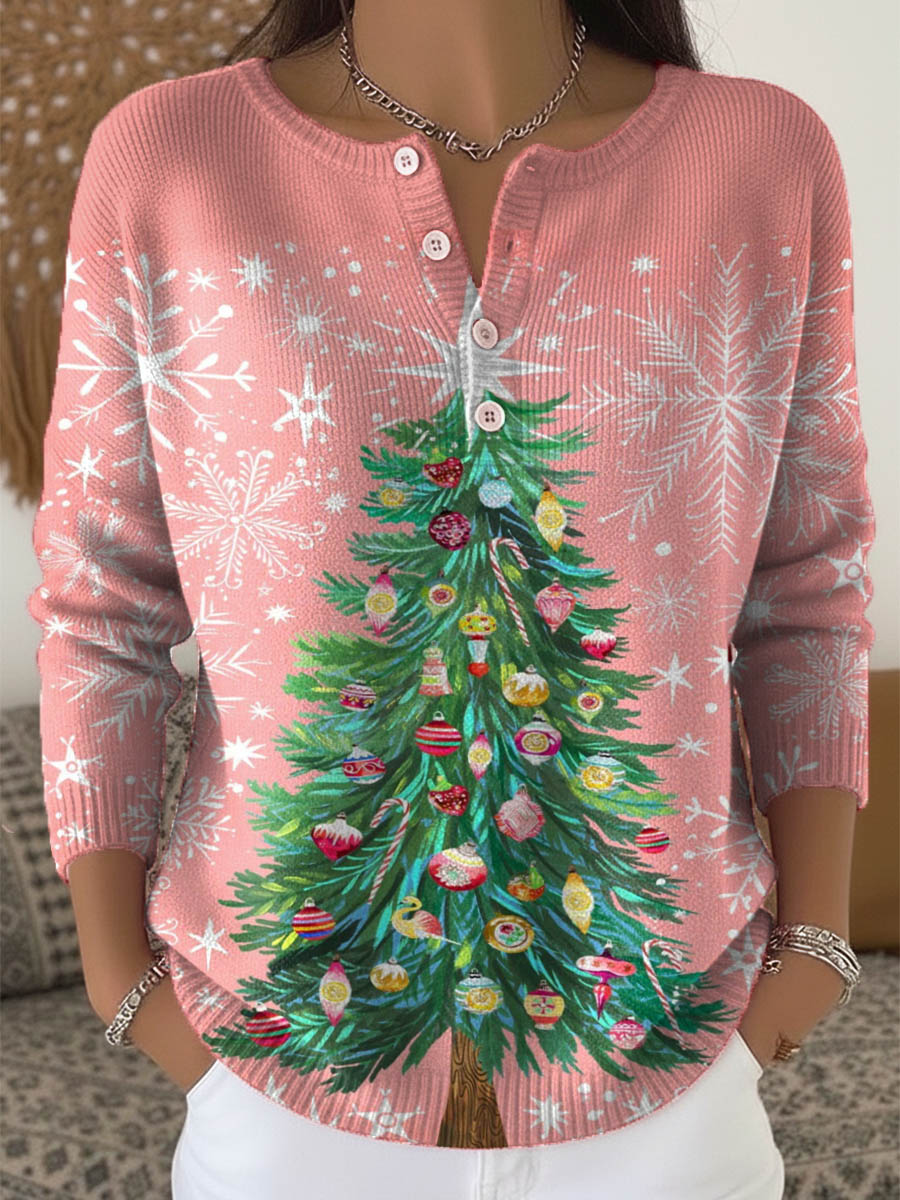 Women's Christmas Tree Art Print Buttoned Cardigan Sweater