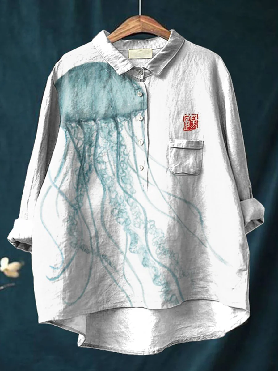 Watercolor Jellyfish Art Printed Women's Casual Cotton And Linen Shirt